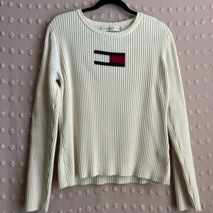 Tommy‎ Hilfiger Jeans Vintage Ribbed Logo Long Sleeve Sweater Sz XL White
